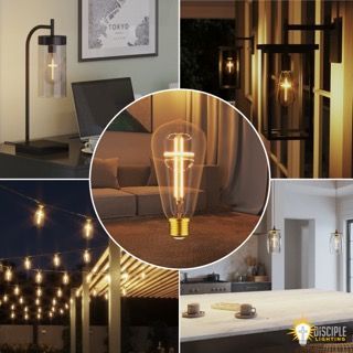 Various interior and exterior shots showcasing a lightbulb with a cross filament in different light fixtures.