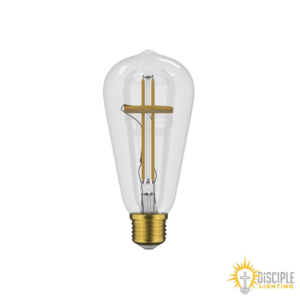 Clear teardrop-shaped light bulb with a gold cross inside.
