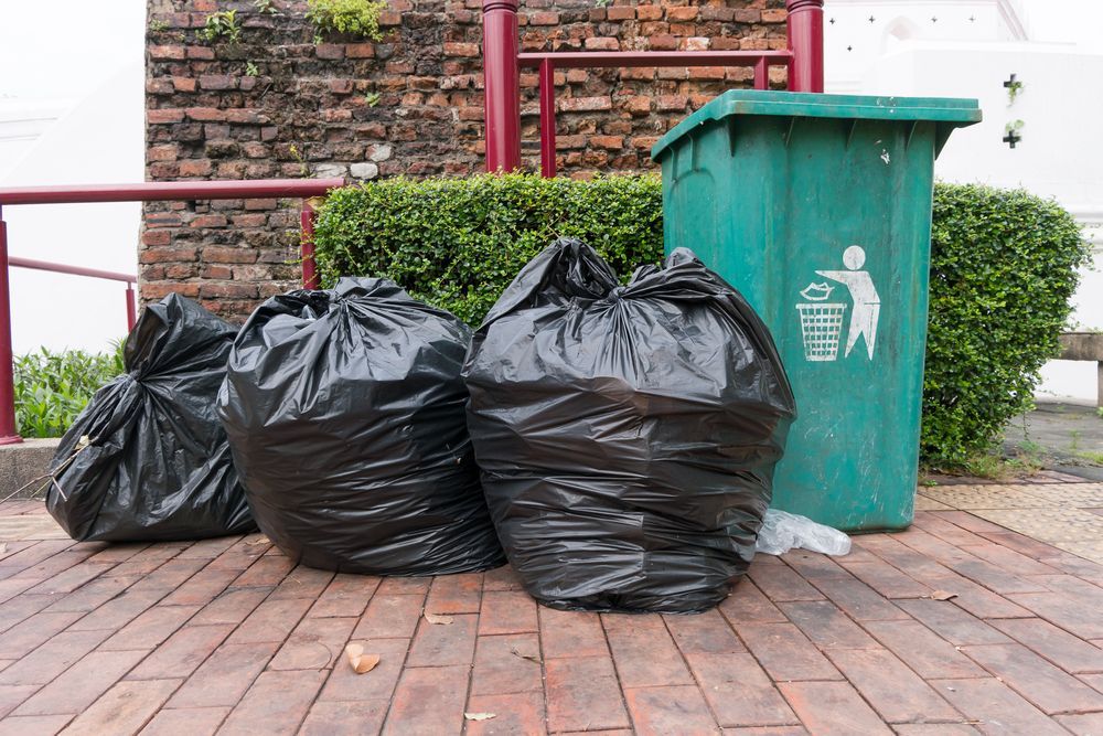 Three Black Trash Bags Next to a Green Trash — Tamworth Skips and Rubbish Removal in Manilla, NSW