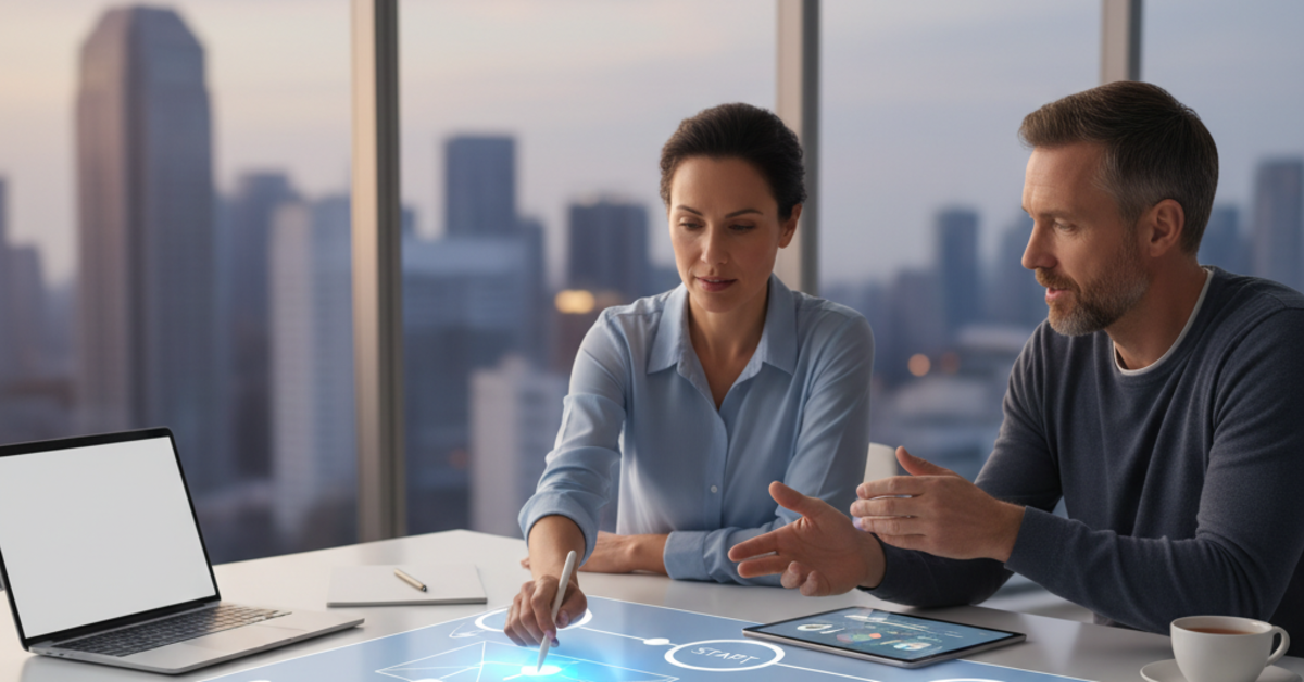 Two people in office looking at a virtual interface on a table, with cityscape background.