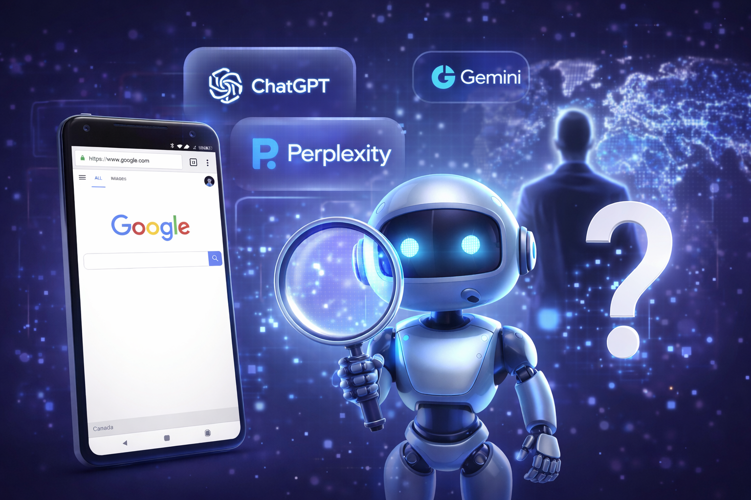 A robot holding a magnifying glass in front of a smartphone with a Google search screen, with AI logos and a question mark.