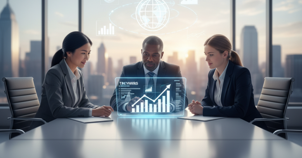 Three people in business attire at a table looking at a glowing holographic graph in an office.