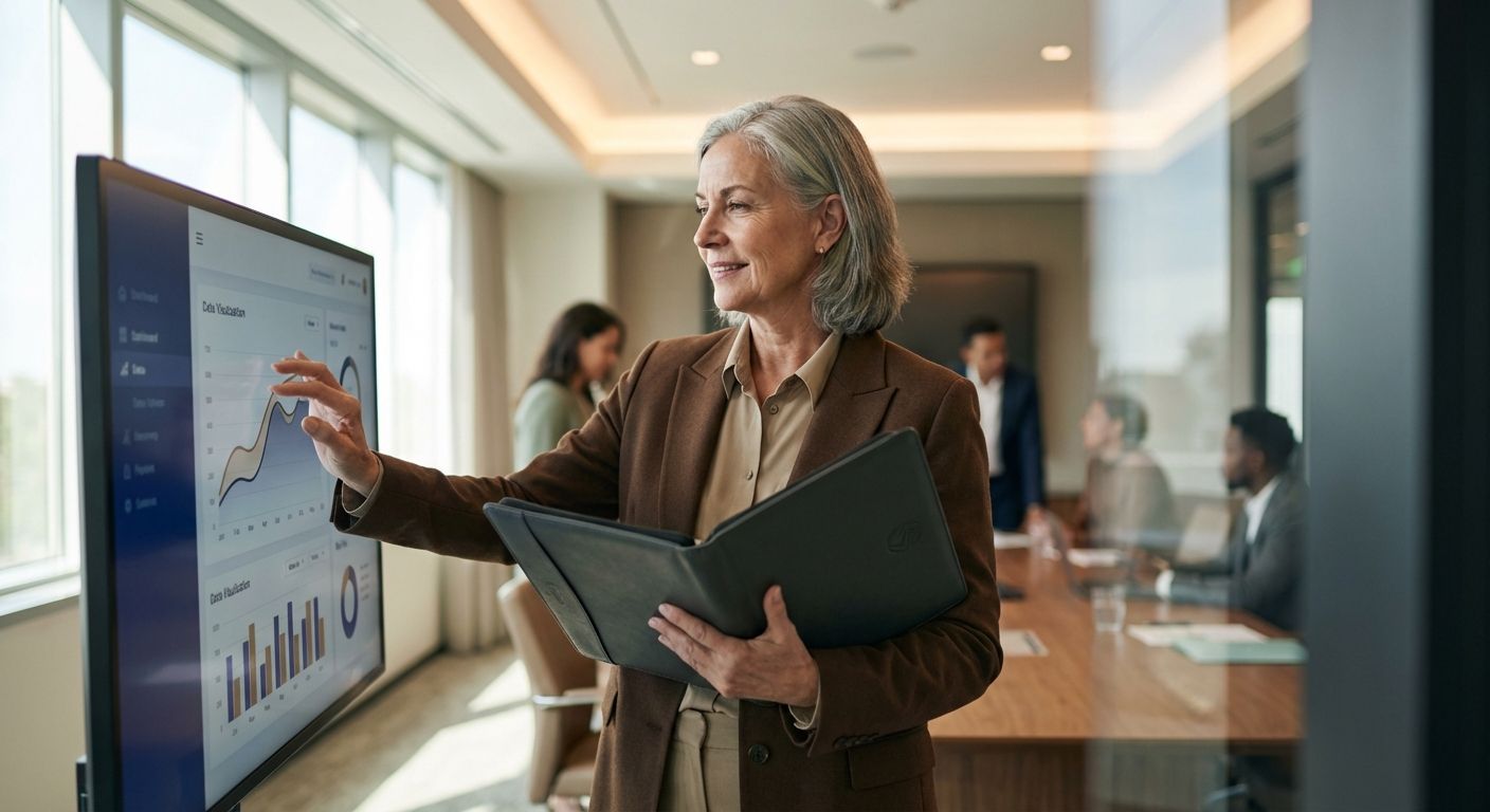 Woman in a brown blazer pointing at a screen displaying graphs during a presentation in a conference room.