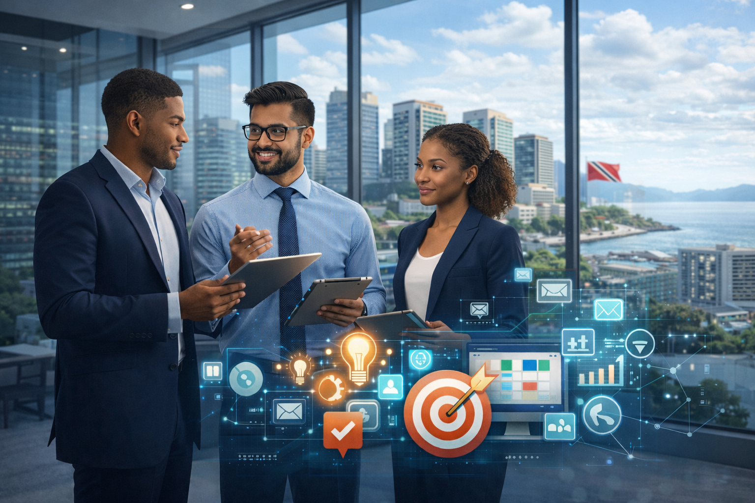 Three professionals in suits discuss plans near windows overlooking a city and sea. Digital icons representing goals are displayed.