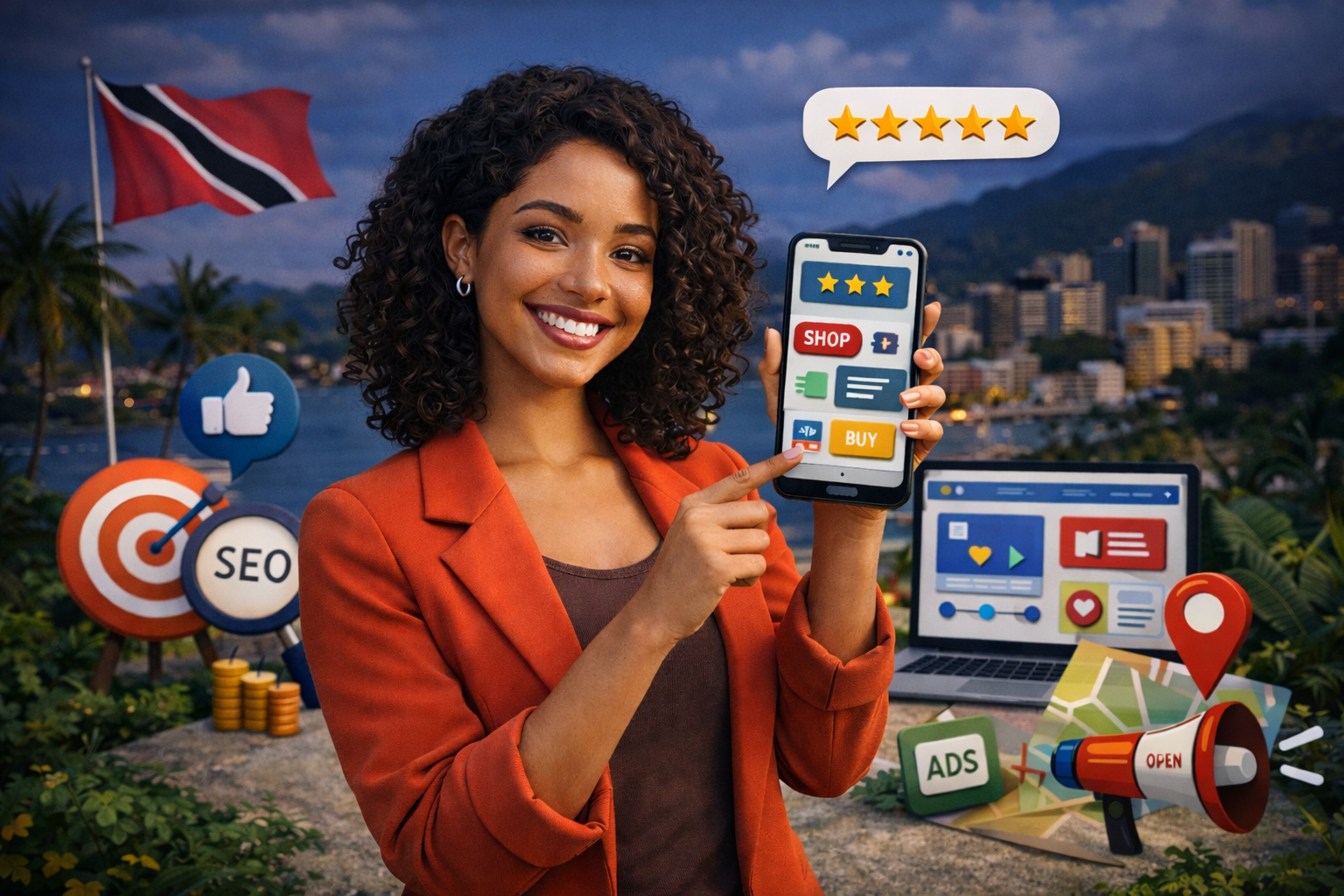 Woman pointing at a phone screen with app interface. Trinidad flag, cityscape, and marketing icons in the background.