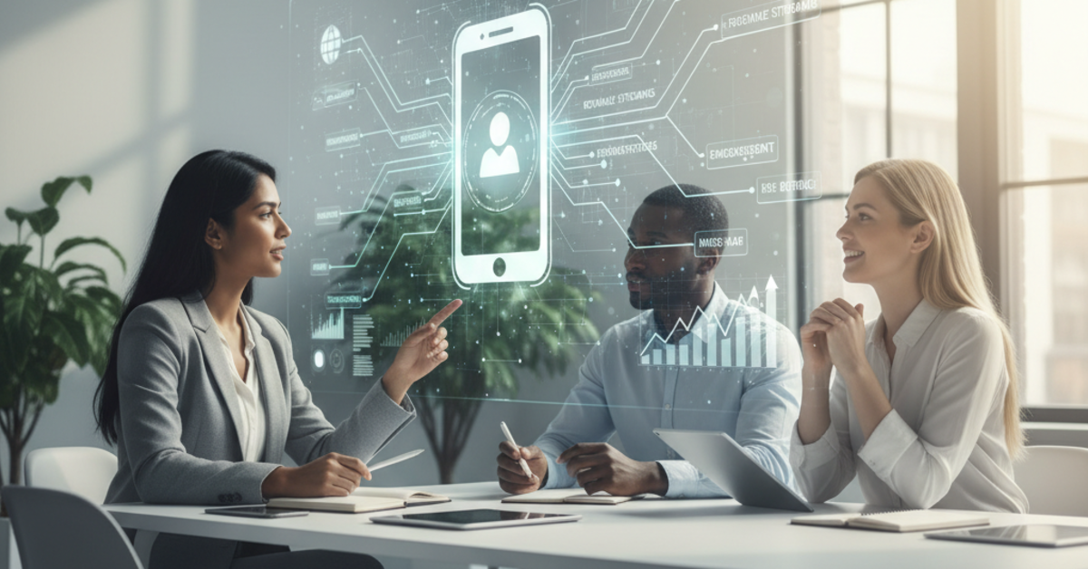 Three people at a table, discussing a phone interface projection. Whiteboard background, modern office.