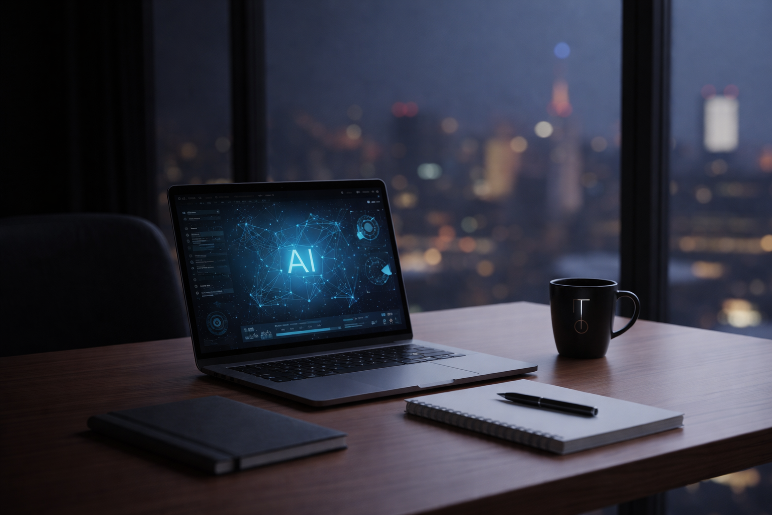 A laptop with an AI graphic on the screen, a notebook, and a mug on a desk in front of a city view at night.