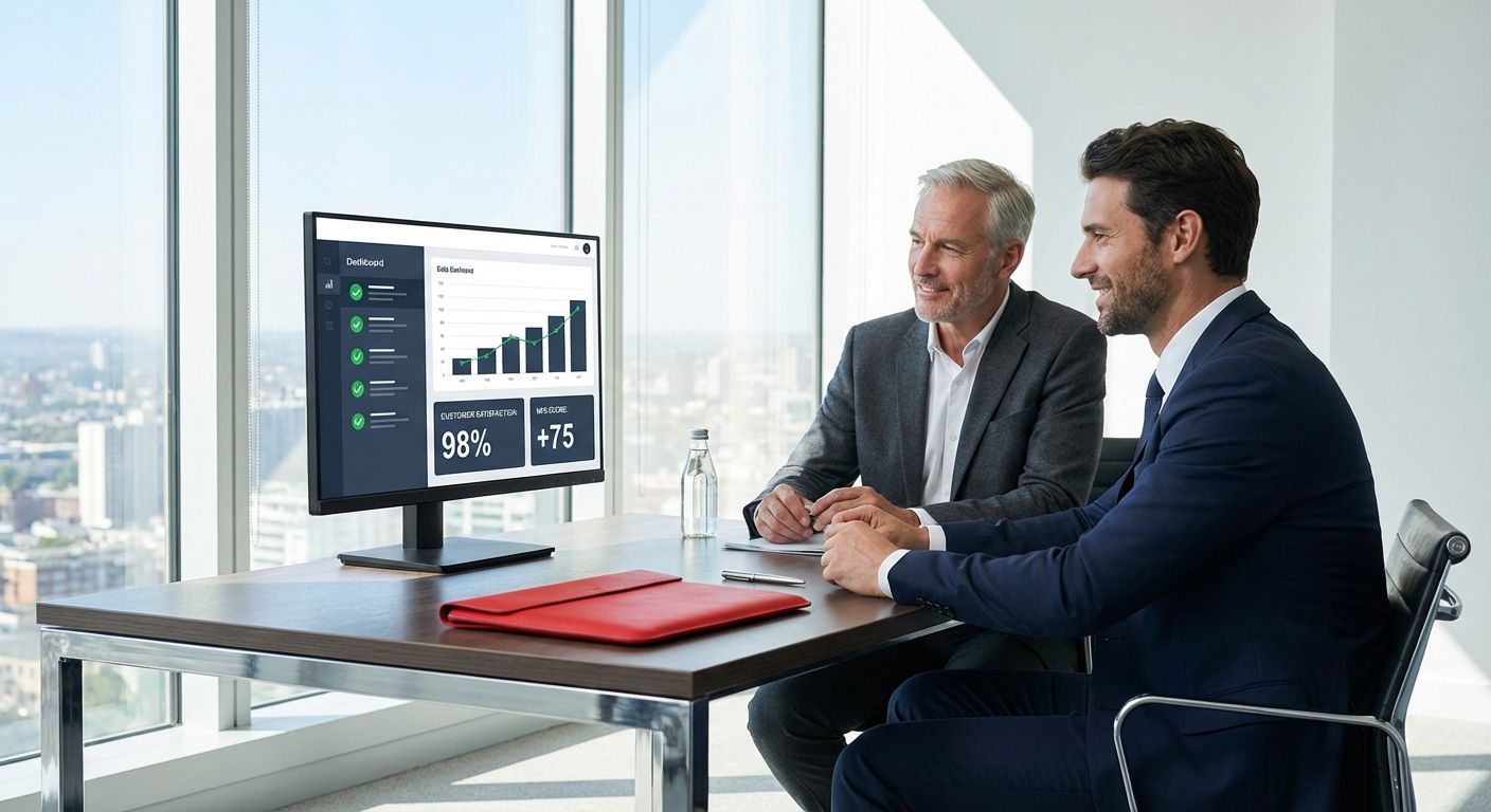 Two men in suits reviewing data on a computer monitor in a modern office with city views.