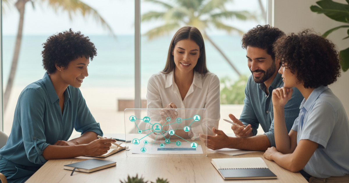 Four people at a table, looking at a holographic projection, discussing ideas with ocean background.