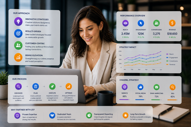 Business dashboard overlay with charts, icons, and a smiling woman working at a laptop.