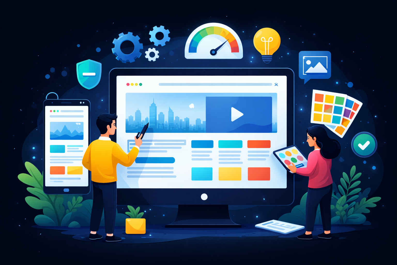 Two people designing a website on a computer, with phone and tablet, surrounded by web design elements.