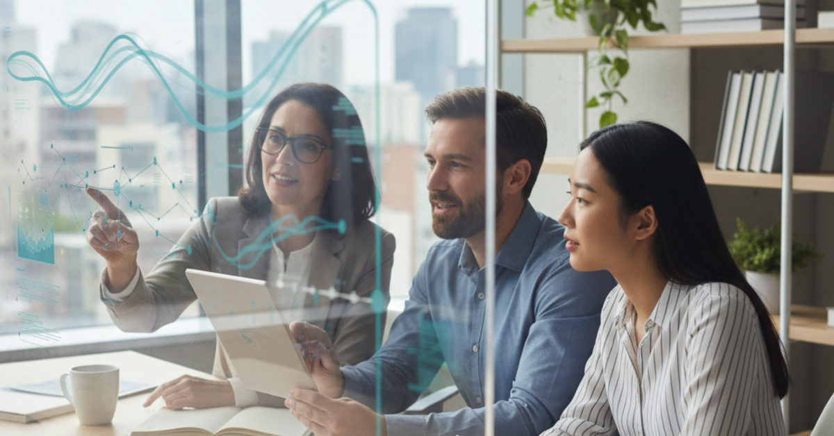 Three businesspeople reviewing data on a glass wall in an office. One points, two look on.