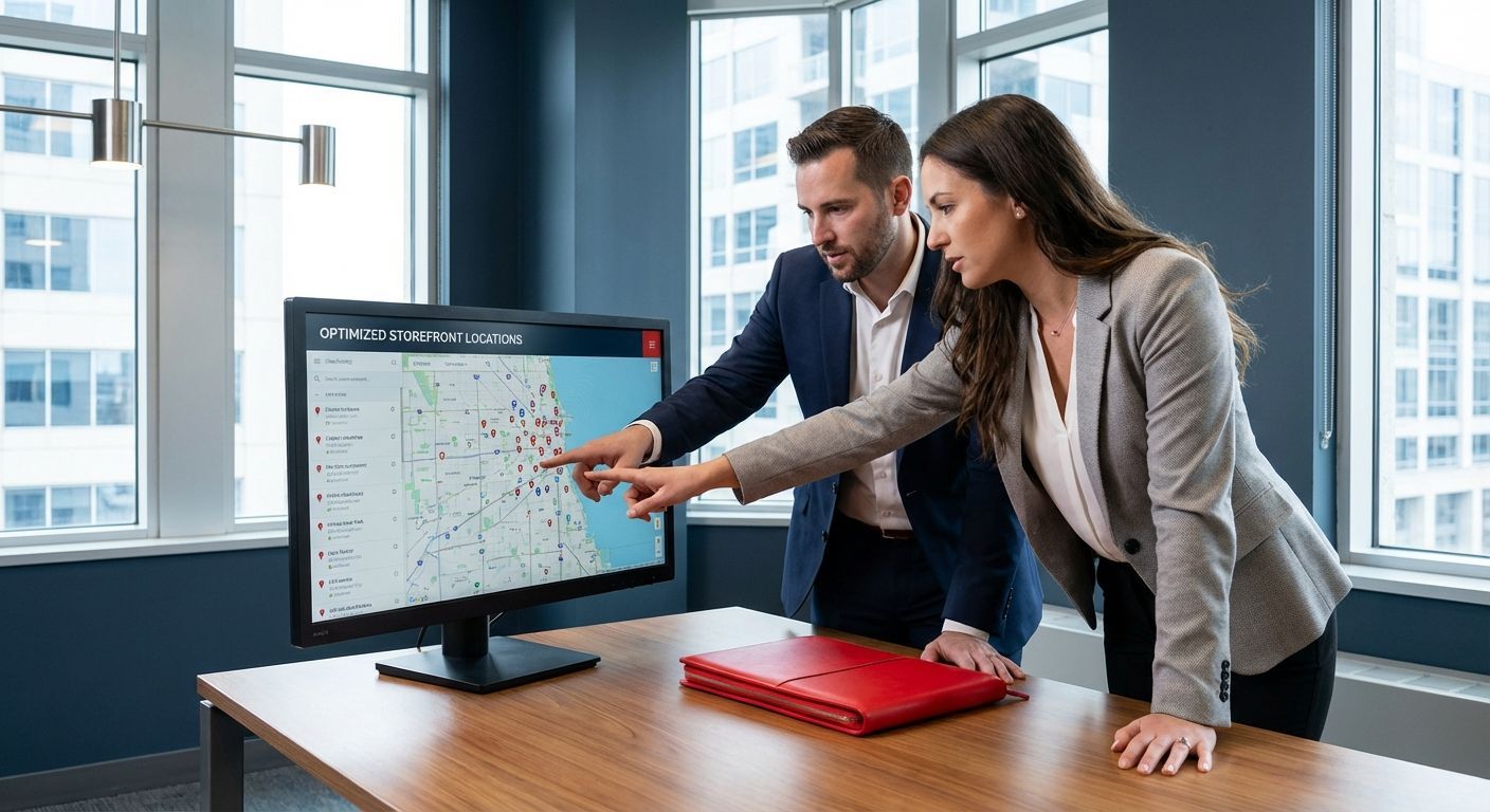 Two people in business attire pointing at a computer screen displaying a map with data points.