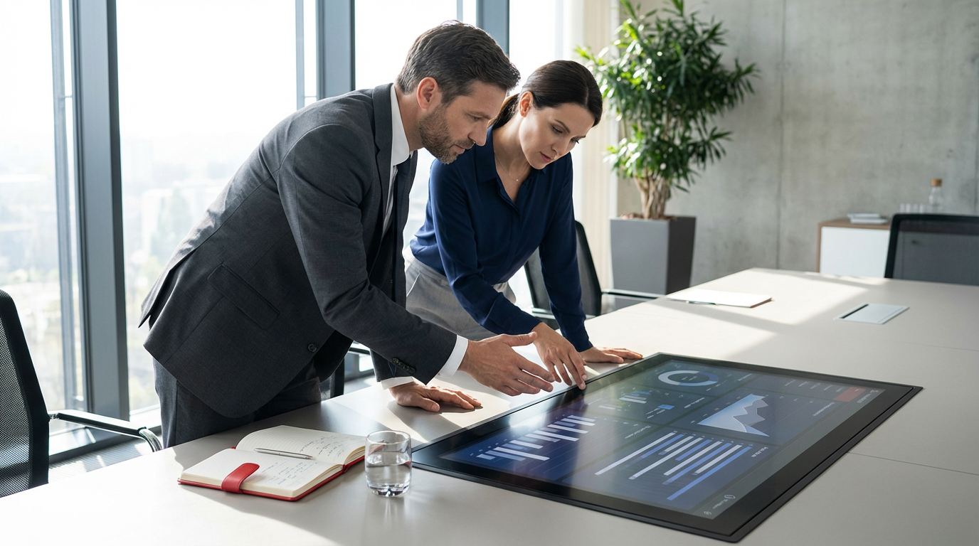 Two people in business attire reviewing data on a large interactive screen in an office.