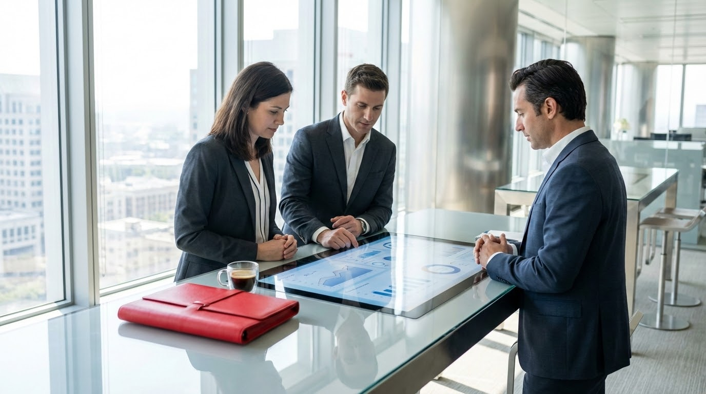 Three business professionals reviewing data on a large, interactive table in a modern office with city views.