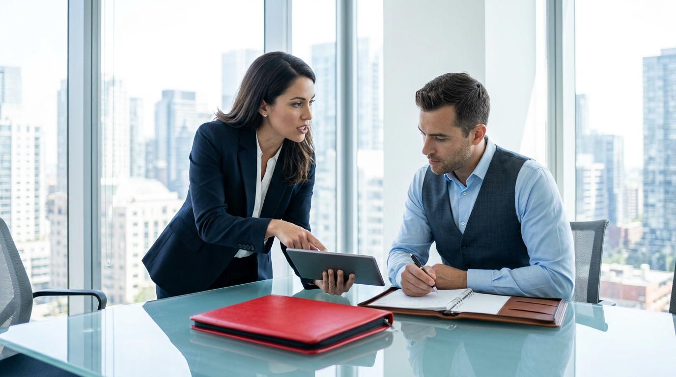 Two professionals in a modern office, one holding a tablet and pointing to the screen while the other writes in a notebook.