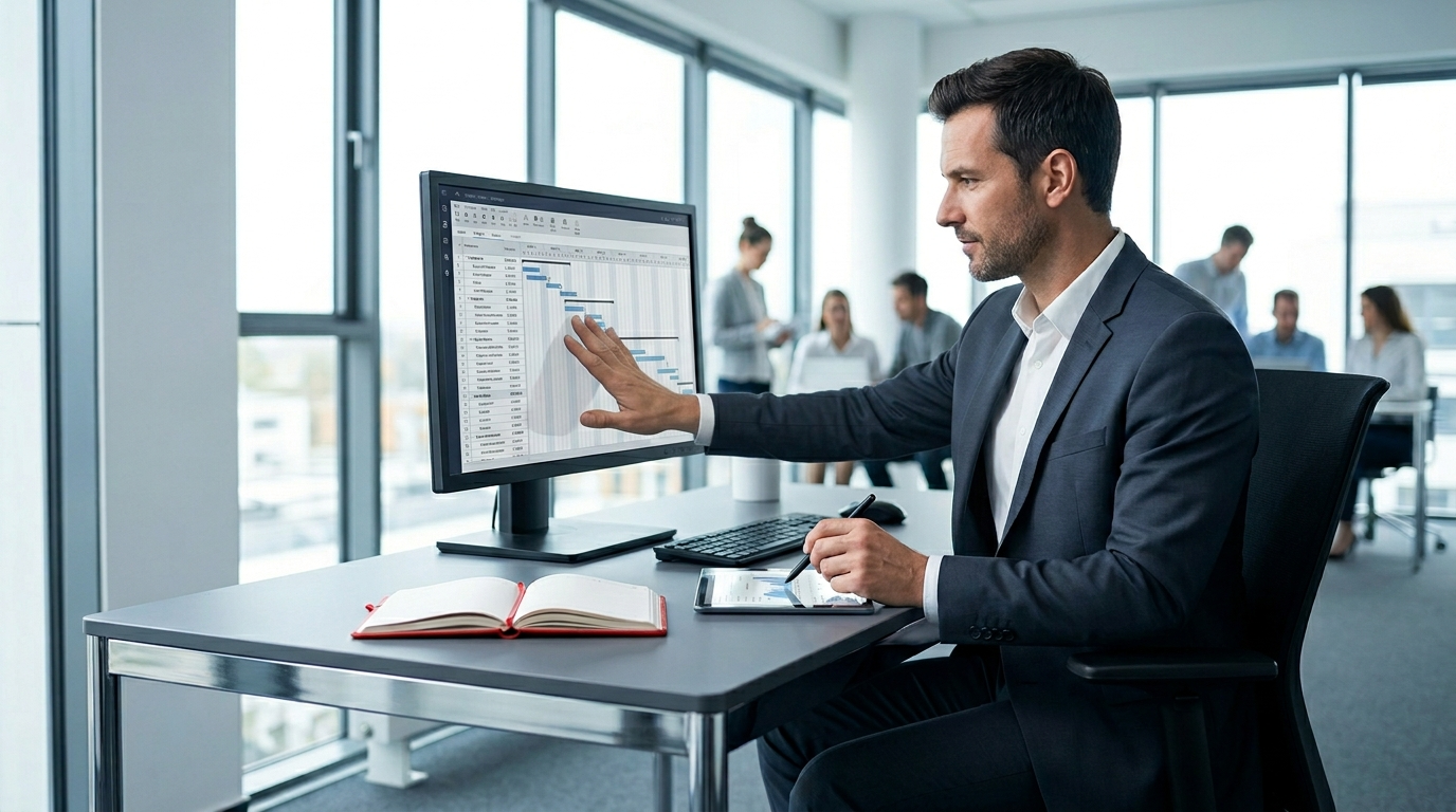 Man in suit pointing to project timeline on computer screen at a desk in an office.