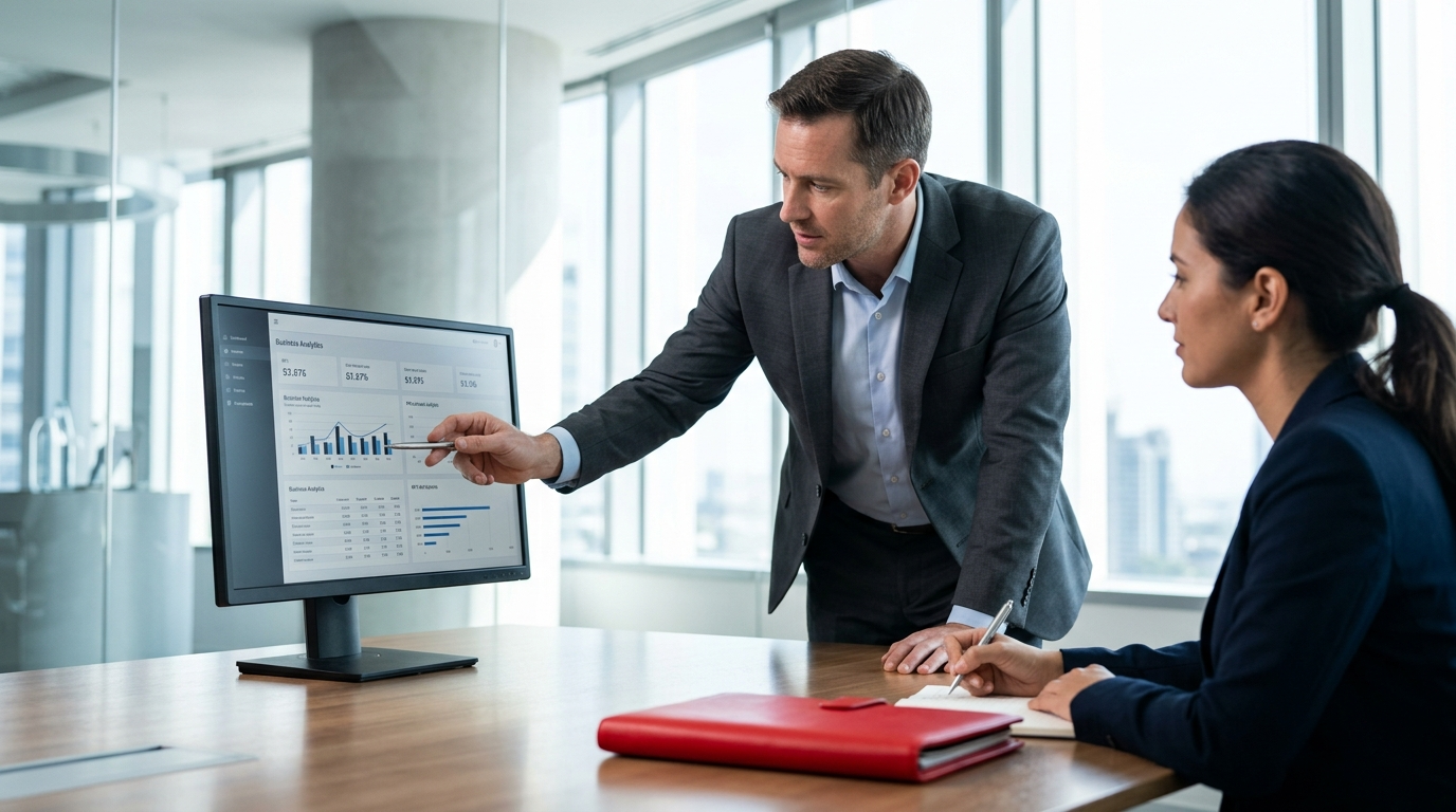 Two professionals in a bright, modern office reviewing a business dashboard on a computer monitor.