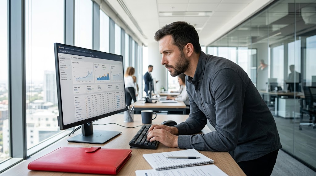 Man working at a desktop computer in a bright office, focused on charts on the monitor.