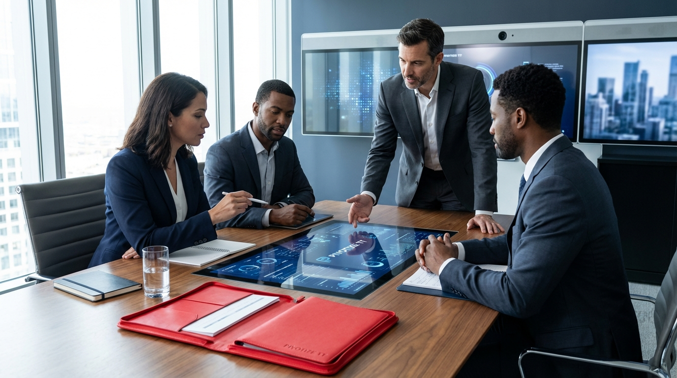 Business team in a modern conference room, discussing data on a digital tabletop.