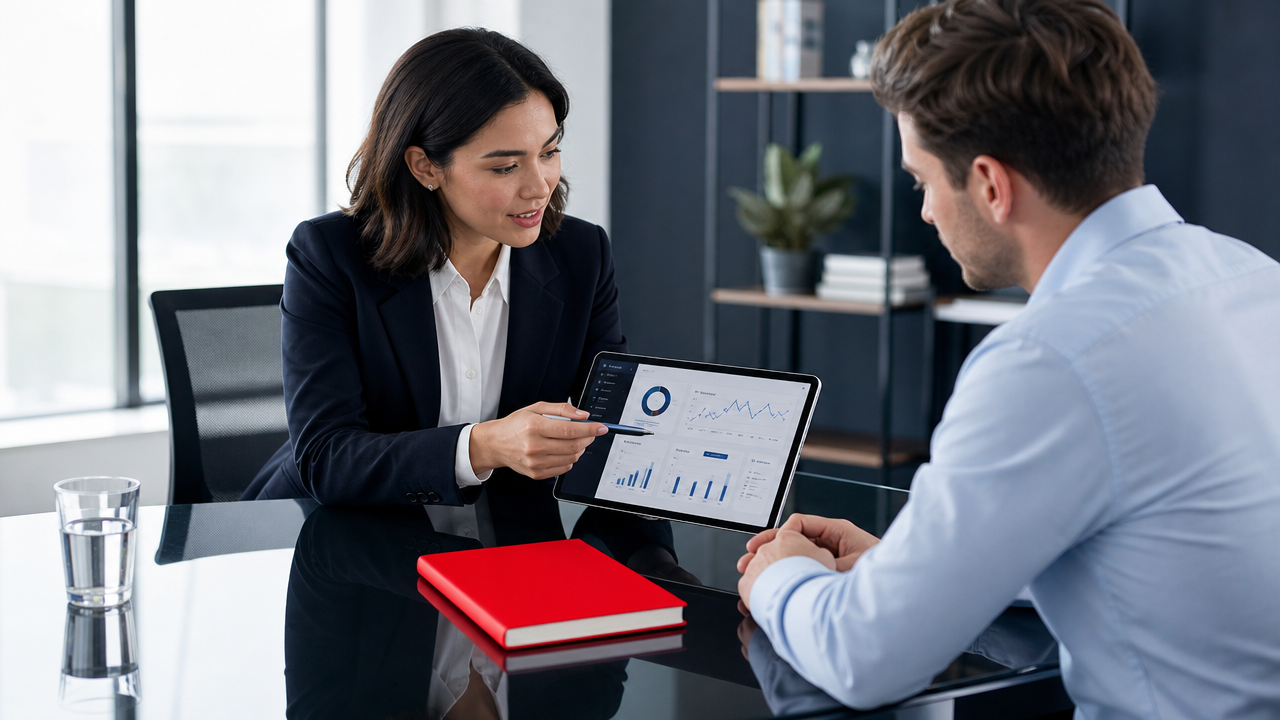 Two coworkers discussing a laptop in a bright office, with a red notebook on the table.
