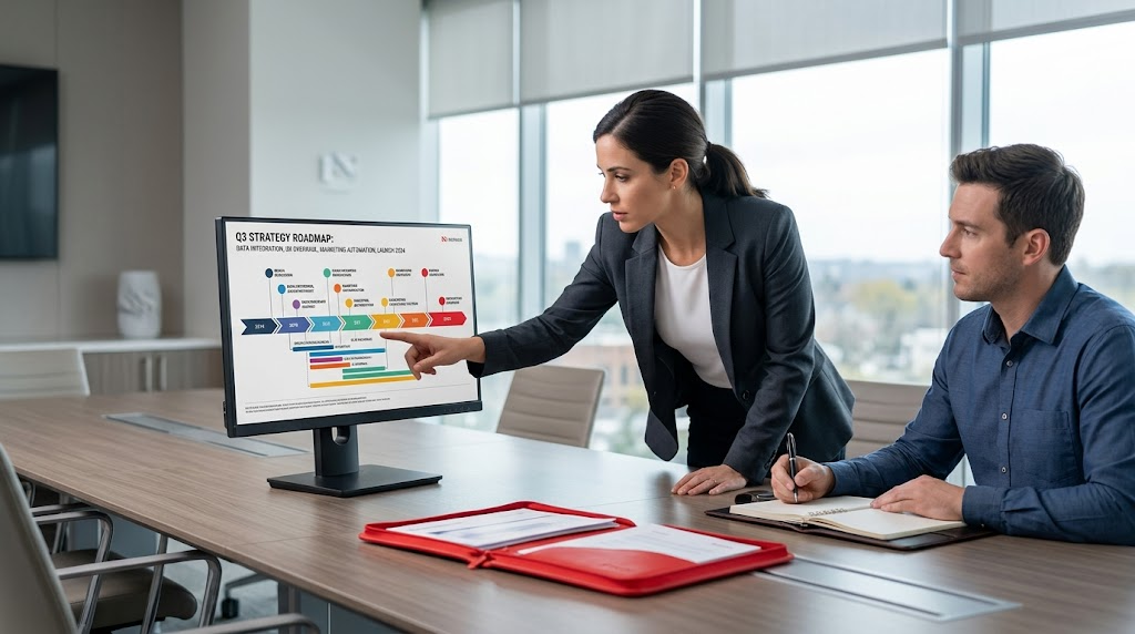 Two coworkers review a colorful presentation on a monitor in a bright conference room.