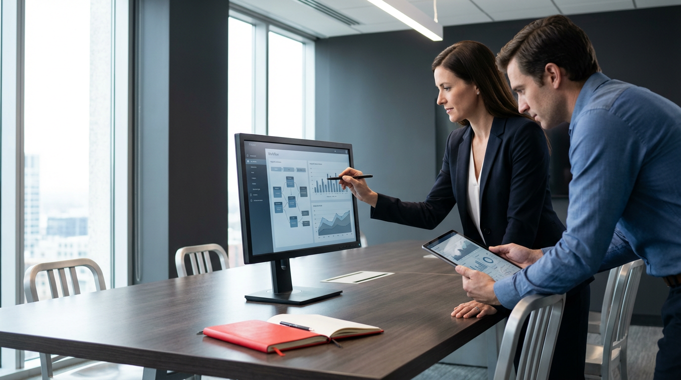 Two people reviewing data on a computer screen and tablet in an office.