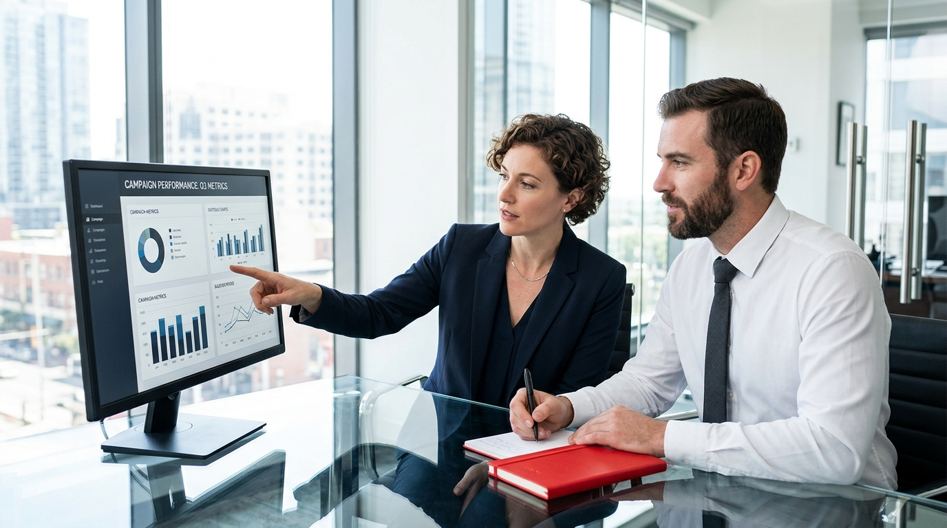 Two business colleagues in an office discuss data displayed on a computer monitor.