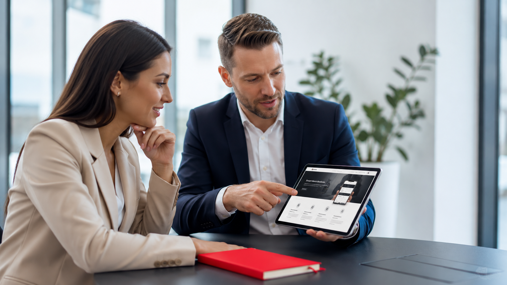 Two professionals reviewing a tablet at a conference table with a red folder and office windows behind them