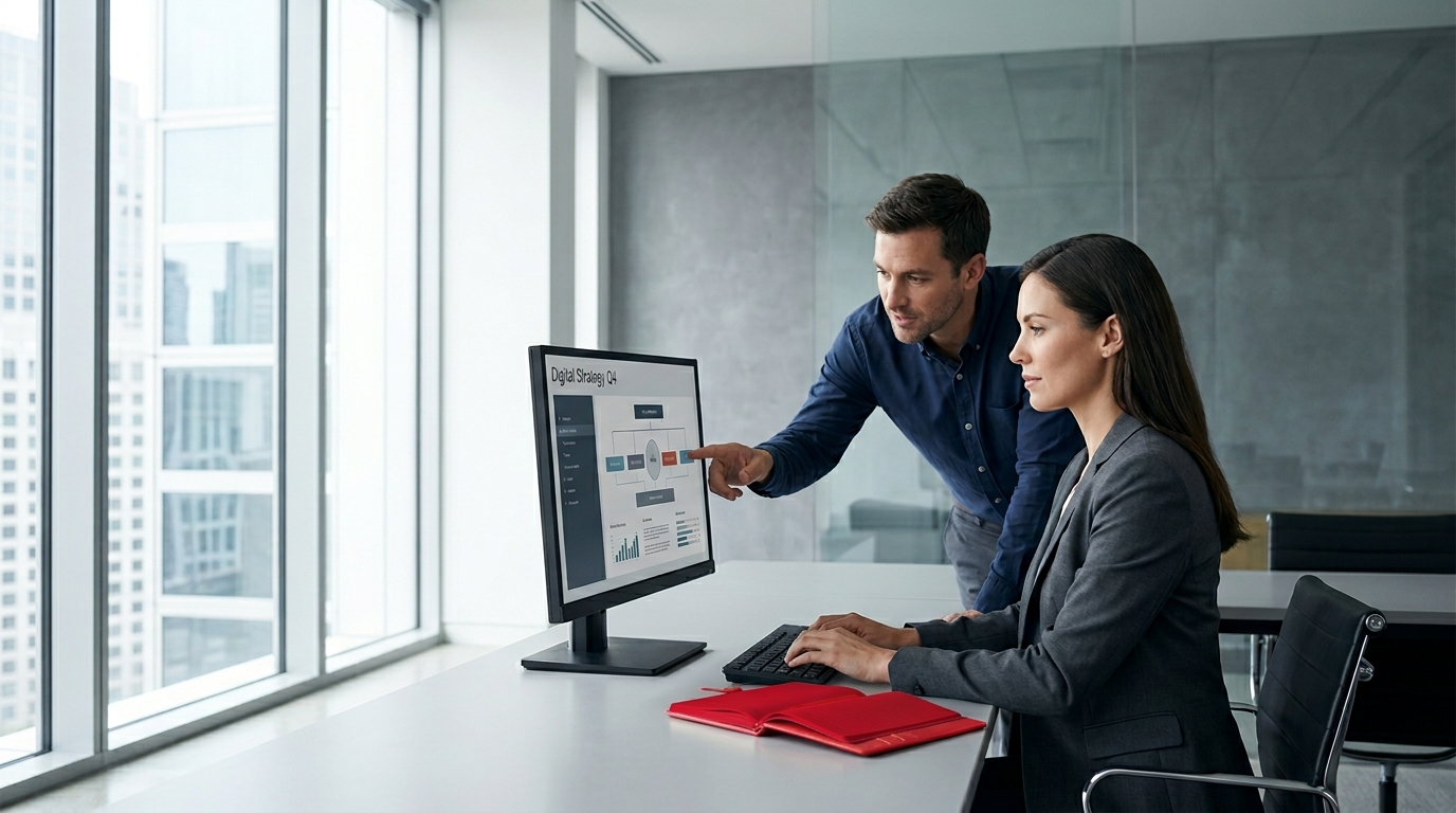 A person points to a monitor while collaborating with a colleague in a modern office with large windows.