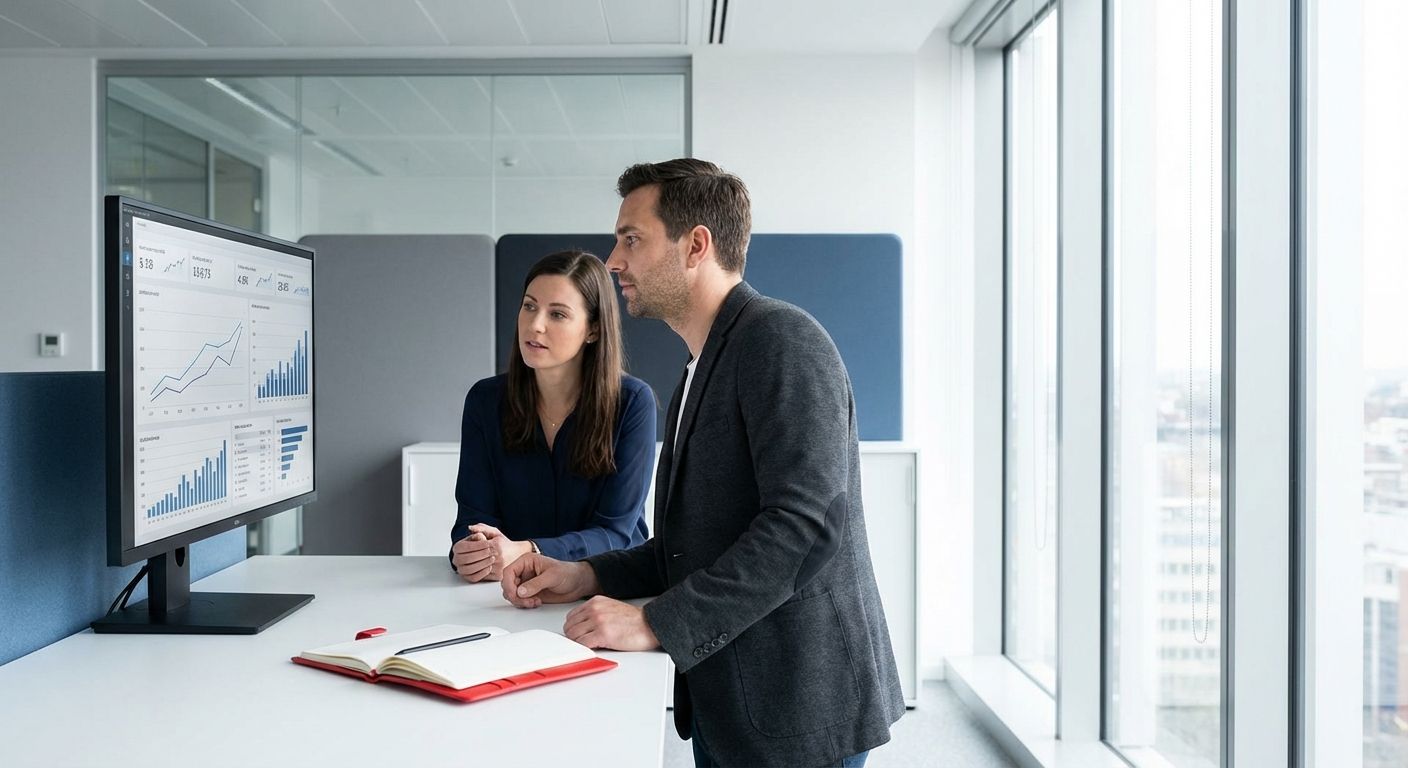 Two people reviewing data on a computer monitor in an office setting.