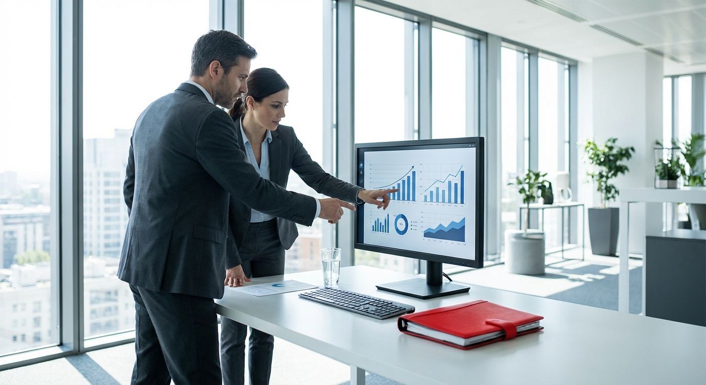 Two businesspeople analyzing charts on a computer in a modern office.