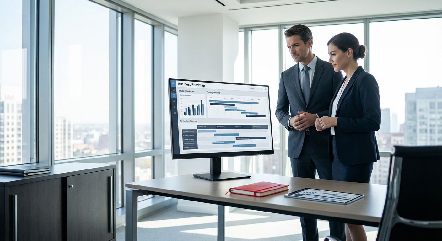Two business professionals examining a project plan on a computer monitor in an office.