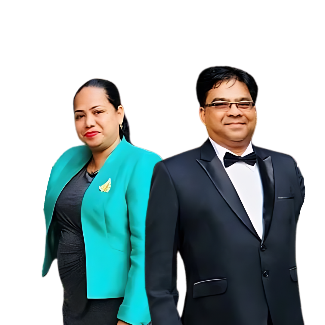 A man in a tuxedo and a woman in a blue jacket are standing next to each other