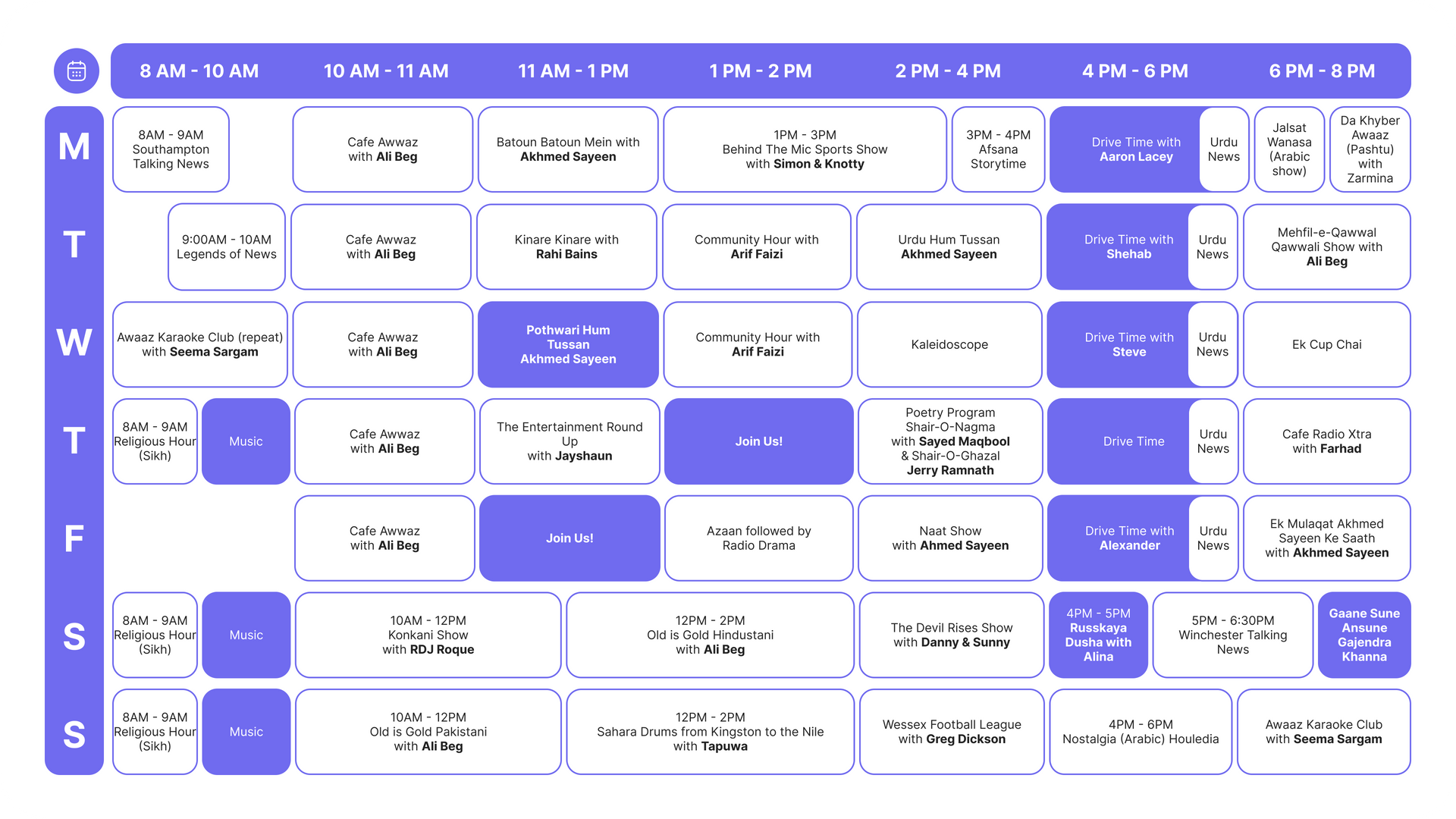 A blue and white calendar shows the days of the week