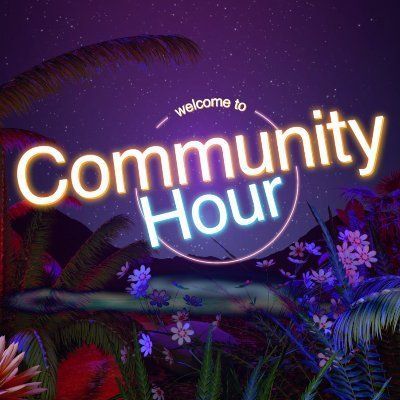 The logo for community hour is surrounded by flowers and trees.