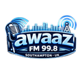 A blue logo for awaaz 99.8 fm on a white background