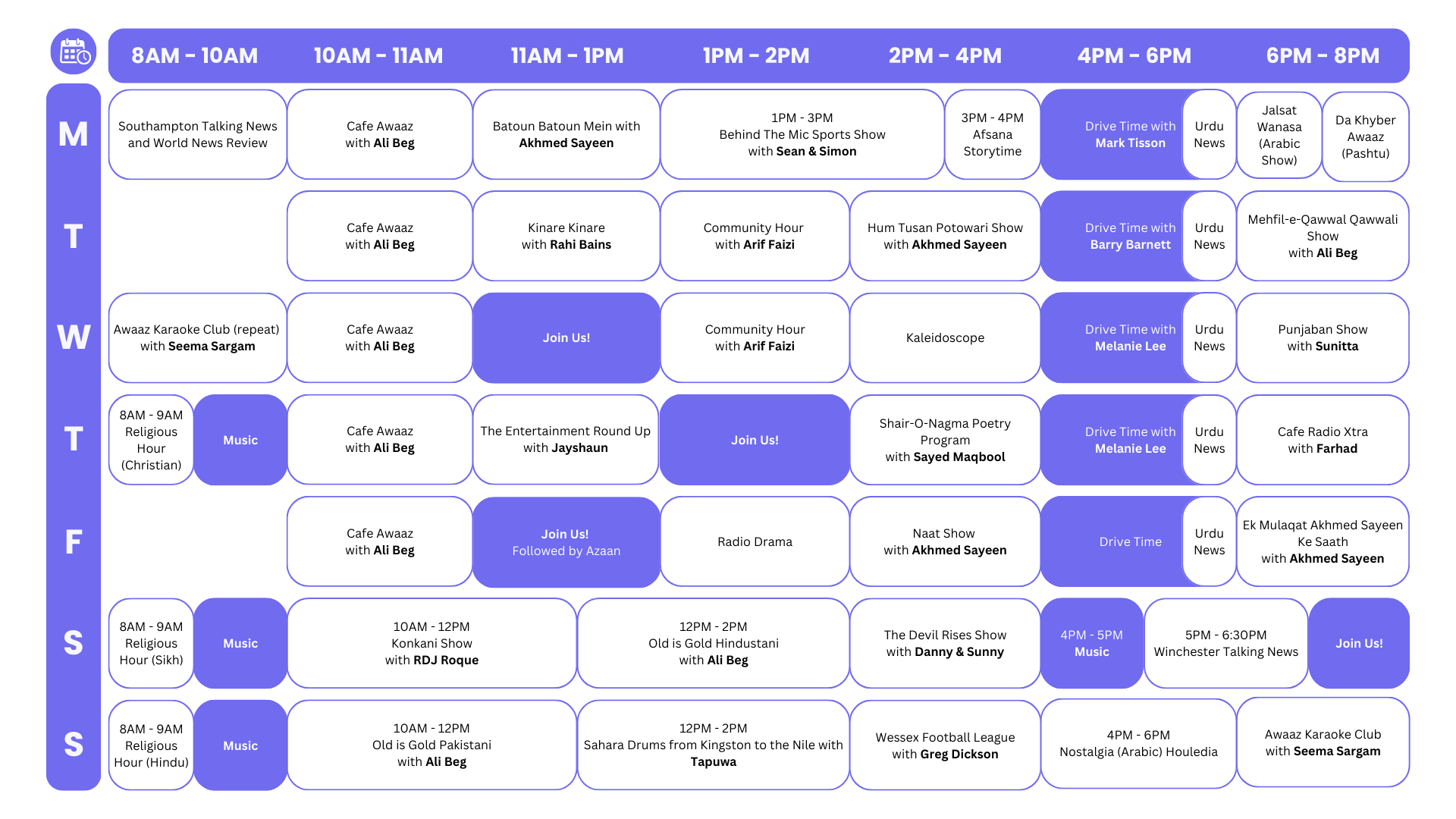 A blue and white calendar shows the days of the week