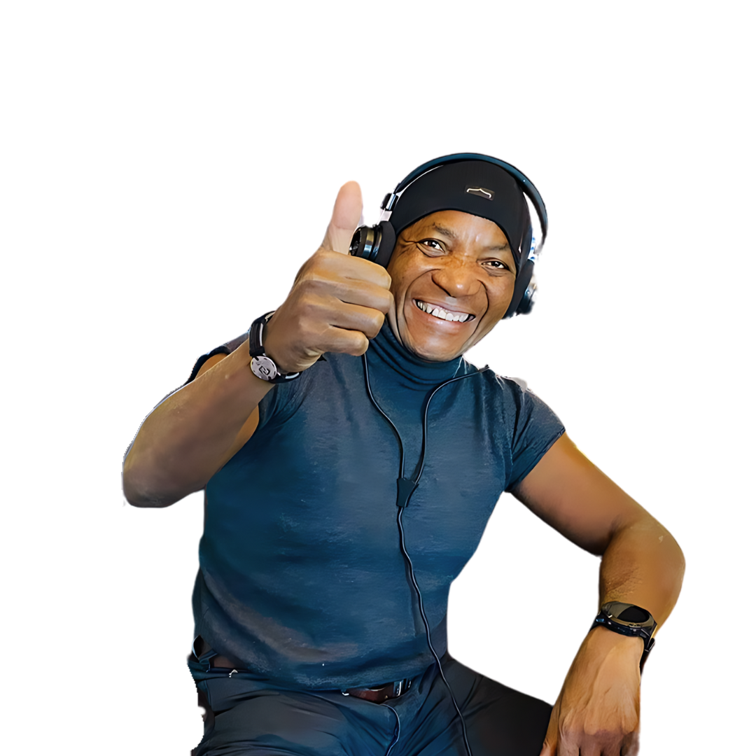 A man wearing headphones is giving a thumbs up