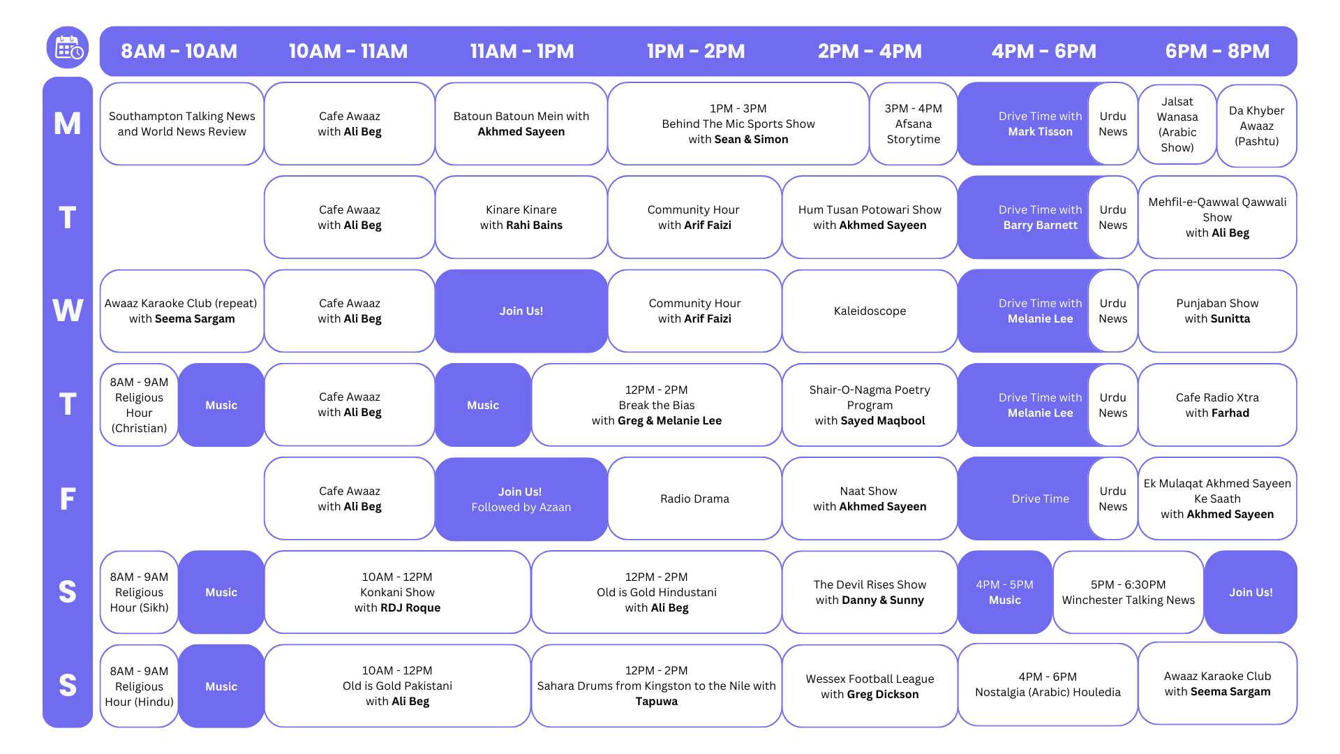 A blue and white calendar shows the days of the week