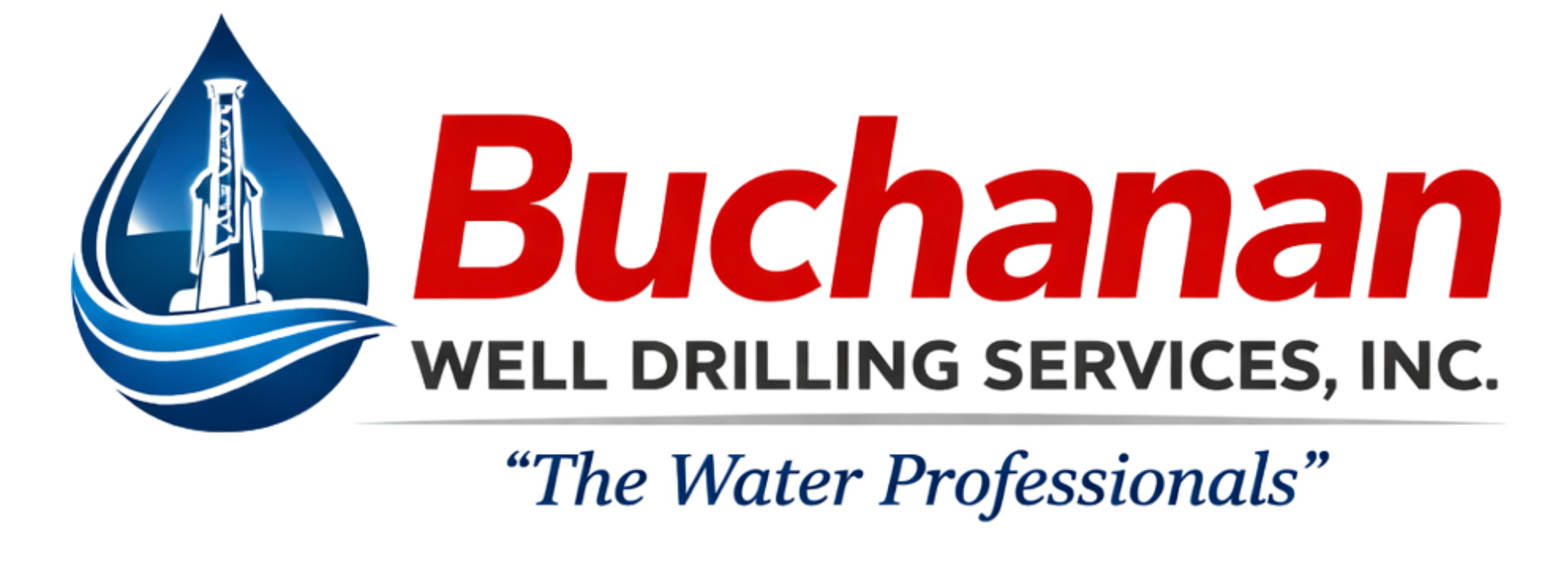 Logo for Buchanan Well Drilling Services, Inc. featuring a water drop icon and the slogan 