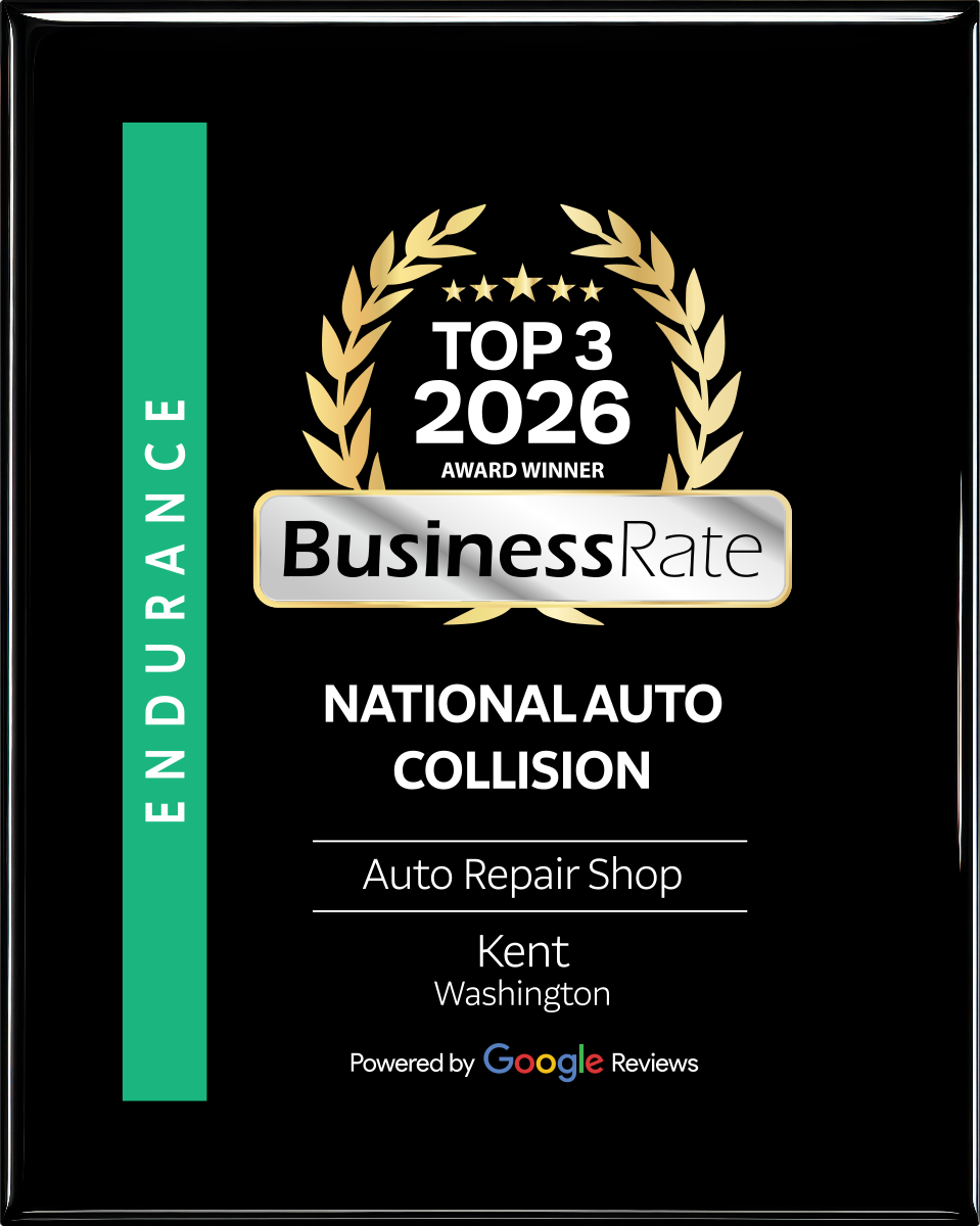A 2026 Top 3 BusinessRate award plaque for National Auto Collision in Kent, Washington, based on Google reviews.