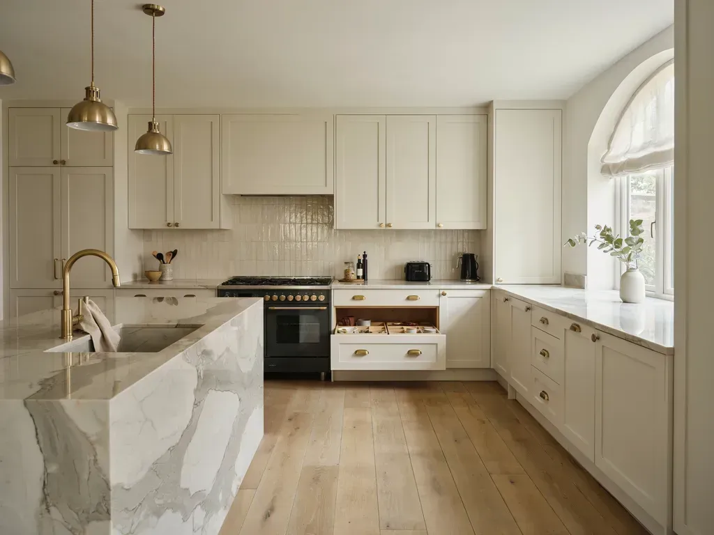Bright modern white kitchen with marble island, brass fixtures, and arched window