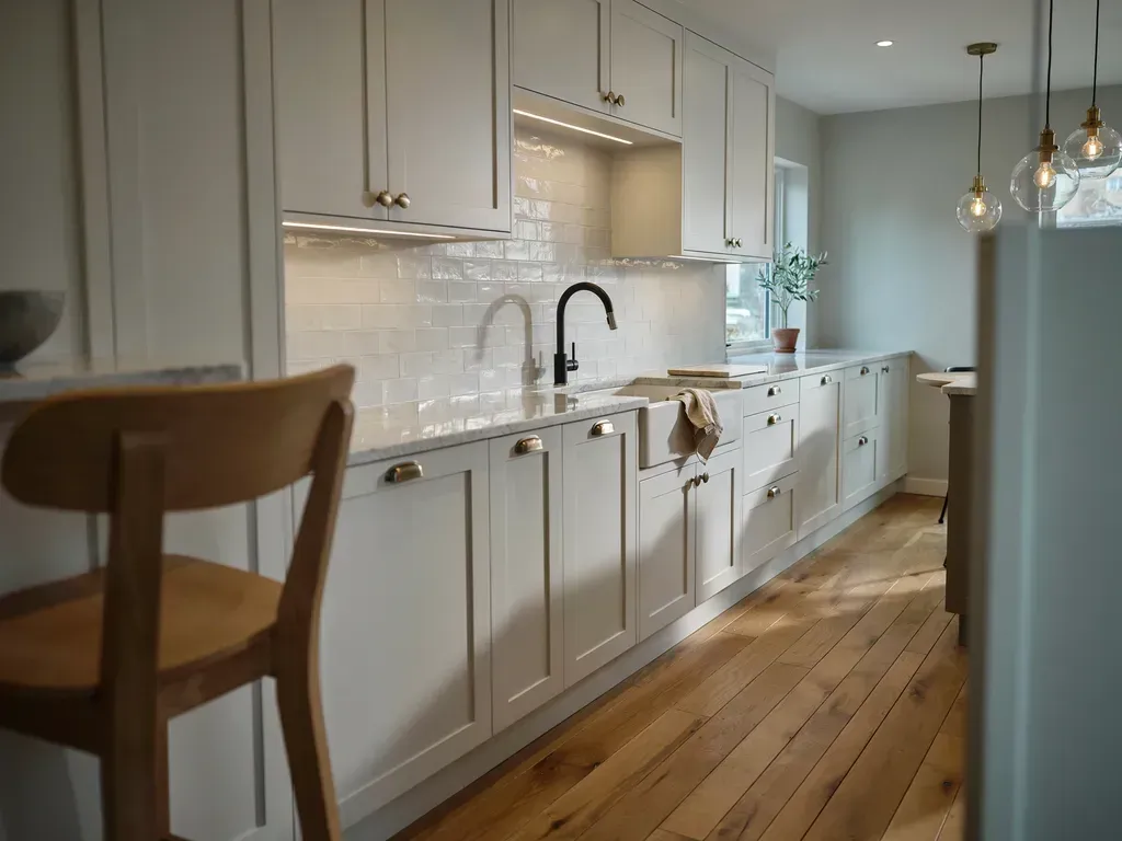 Bright white galley kitchen with marble countertops, wood floor, and a wooden chair in the foreground.