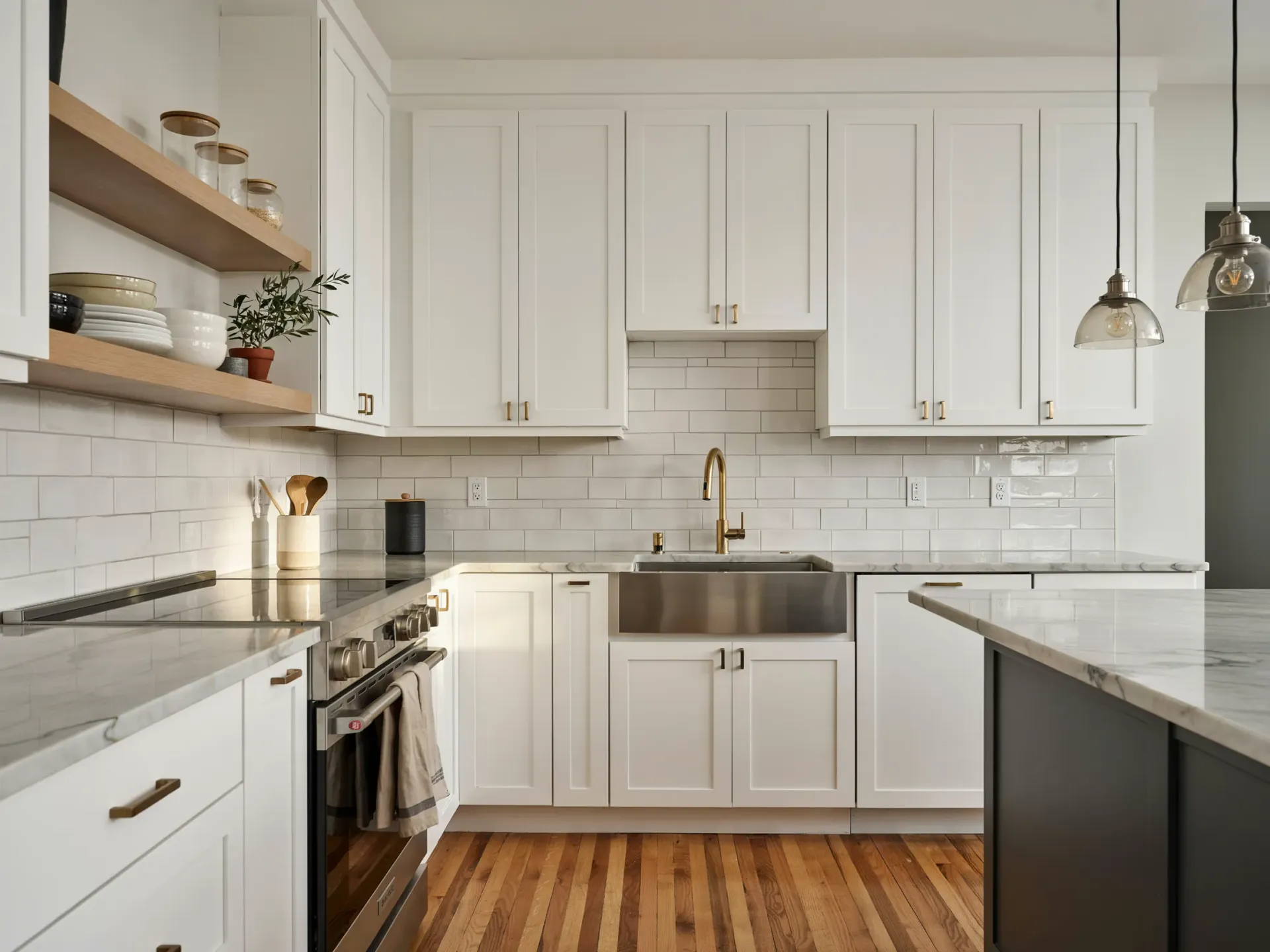 Bright modern kitchen with white cabinets, marble countertops, stainless appliances, and wood floors