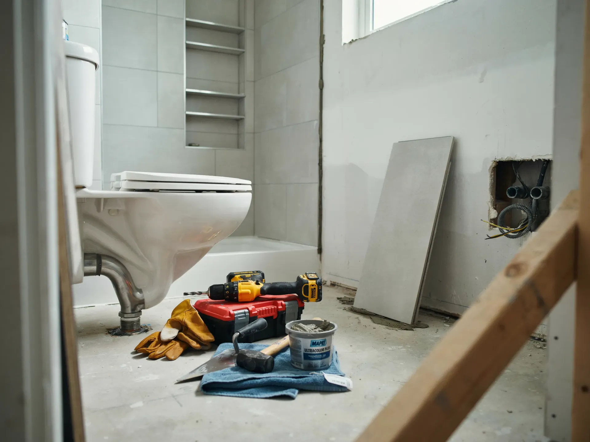 Bathroom under renovation with tools, paint supplies, and drywall on the floor
