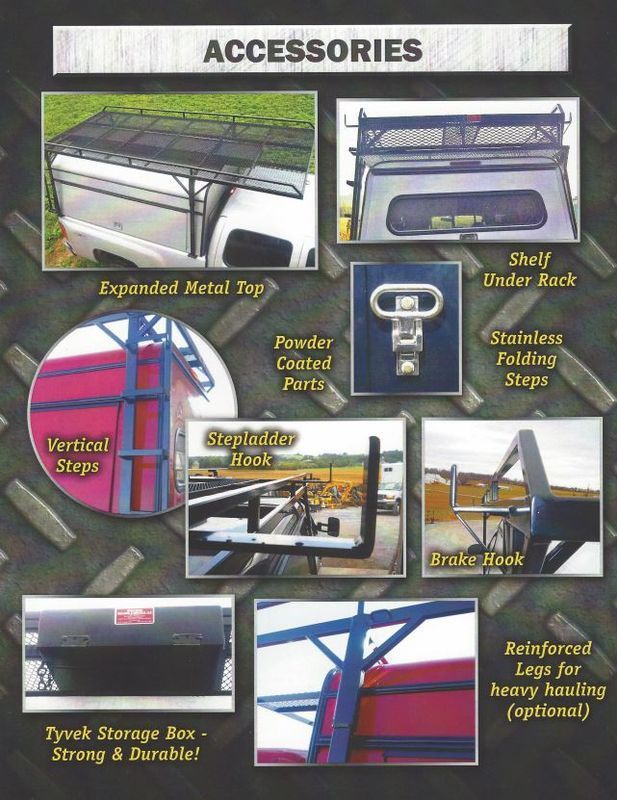 Accessories for a truck: expanded metal top, shelf under back, folding steps, storage box, & more.