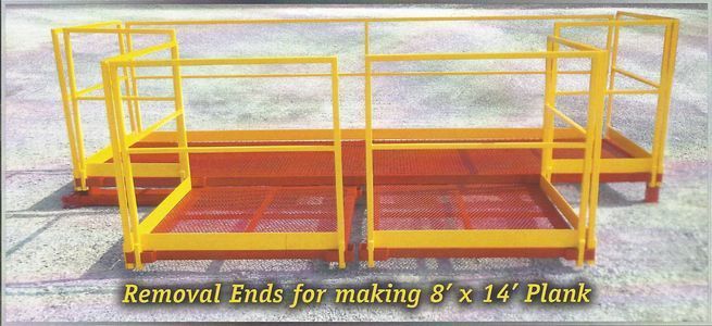 Yellow and red metal scaffolding with safety rails for constructing an 8' x 14' plank.