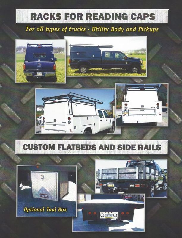 Truck accessories advertisement. Shows various trucks with reading caps, custom flatbeds, side rails, and tool boxes.