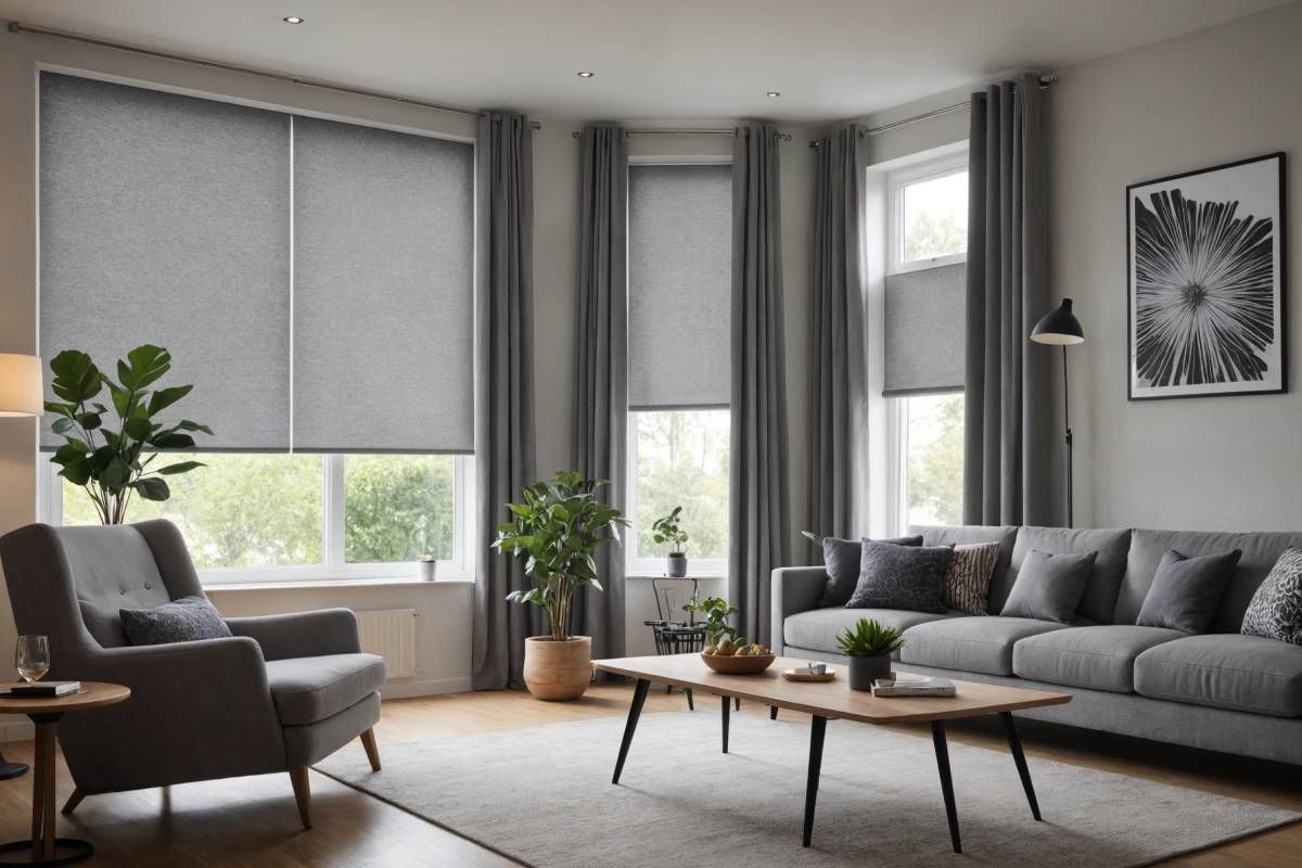 Roller shades in a modern-style living room at My Blind Spot near Virginia Beach, VA